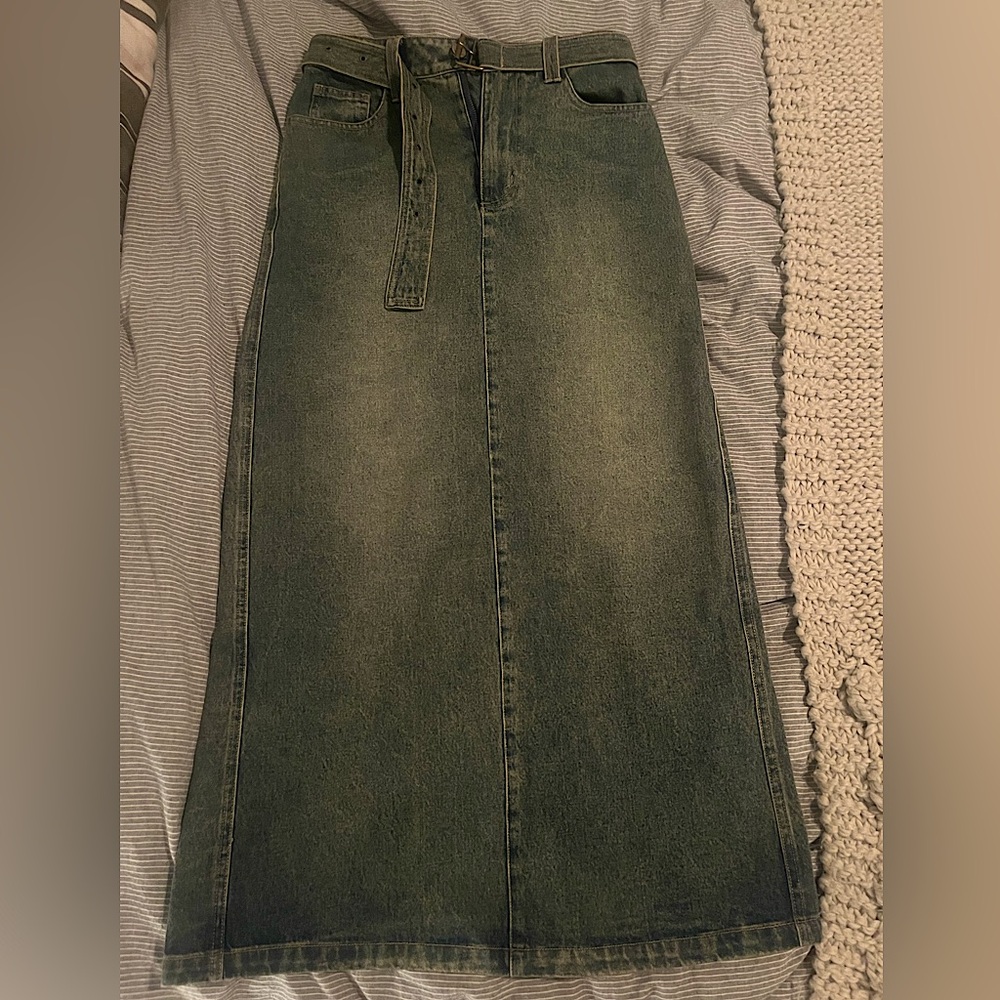 Miou Muse Vintage Wash Long Denim Skirt with back slit - S